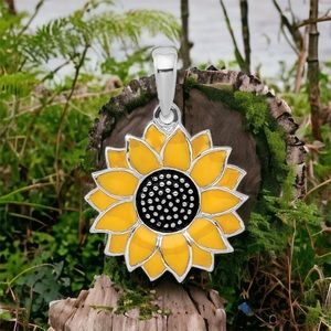 925 Sterling Silver Yellow Enamel Sunflower Charm Pendant Necklace w 18 in Chain